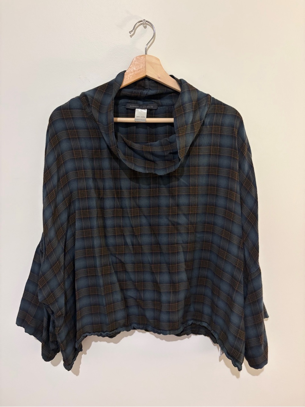 Elemente Clemente Plaid Cowl Neck Top Blue Size Large Flowy Relaxed Sustainable